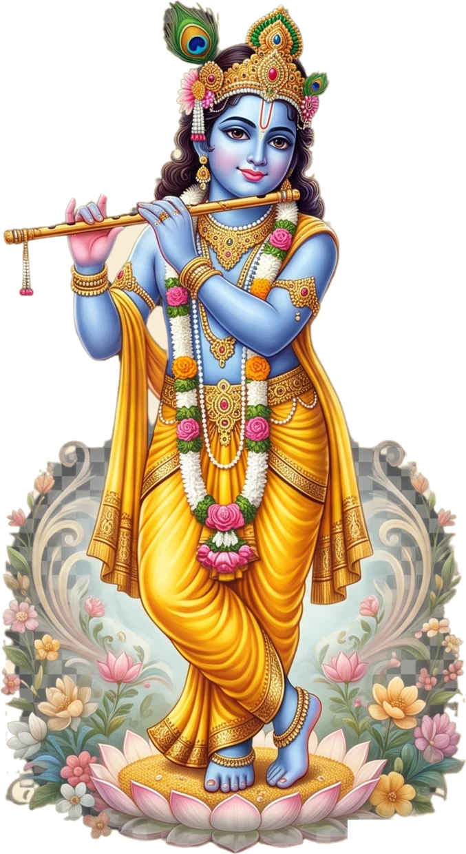 Sri Krishna playing the flute, standing on a lotus